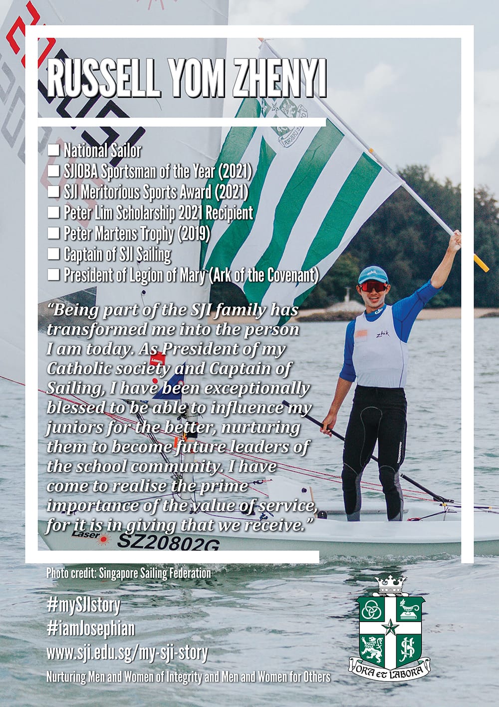Sailor Russell Yom Zhenyi stands on a boat holding a green and white flag, with text listing his awards.